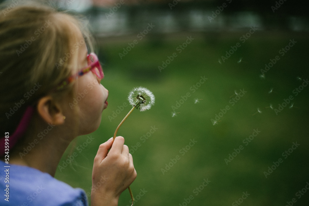 Girl blond child blows a dandelion over green grass Girl blond child blows a dandelion over green grass