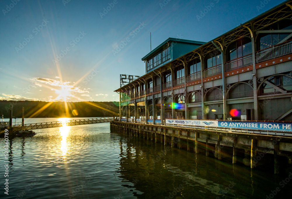 Yonkers, NY - Aug 13, 2022 Landscape view of the iconic Yonkers Recreation Pier, located at the foot of Main Street in the Downtown Waterfront District.