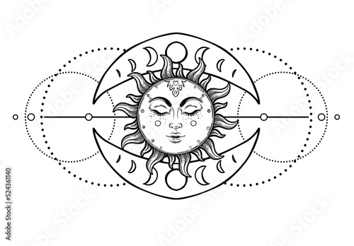 Sun and Triple moon pagan Wicca moon goddess symbol. Three faced Goddess, Maiden, Mother, Crone isolated vector illustration. Tattoo, astrology, alchemy, boho and magic symbol. Coloring book..