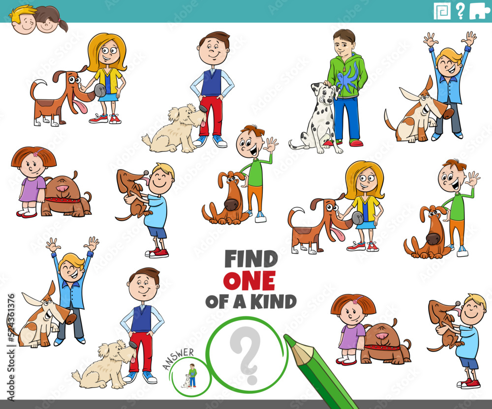 one of a kind task with cartoon children and their dogs