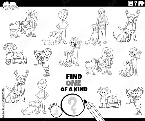 one of a kind task with cartoon kids and dogs coloring page