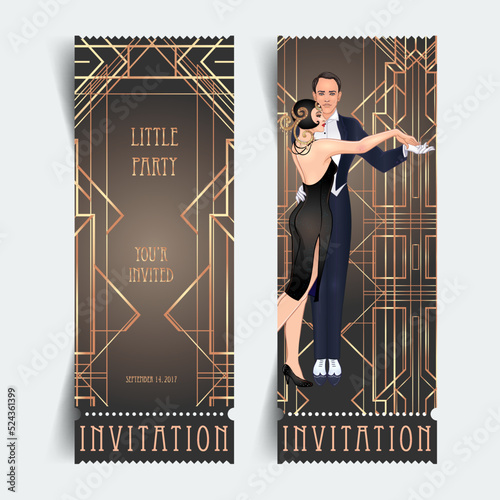 Art Deco vintage invitation template design with illustration of flapper girl. patterns and frames. Retro party background set 1920s style. Vector for glamour event, thematic wedding or jazz party.