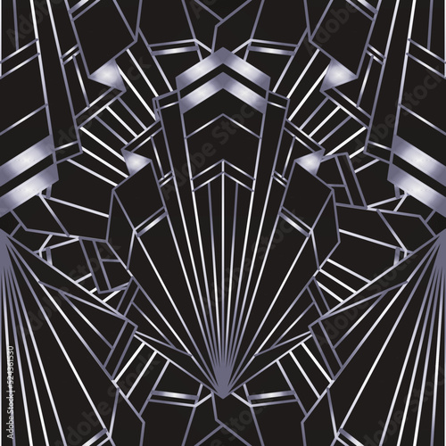 Art deco style geometric seamless pattern in black and silver. Vector illustration. Roaring 1920 s design. Jazz era inspired . 20 s. Vintage Fabric, textile, wrapping paper, wallpaper.