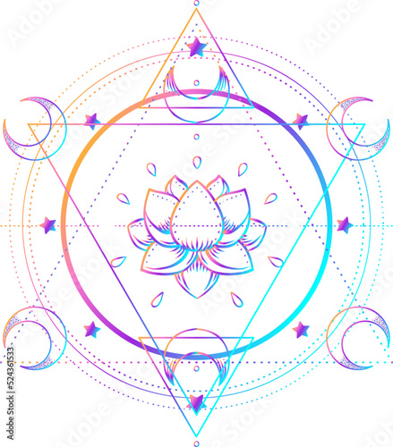 Sacred Geometry and Boo symbol set. Ayurveda sign of harmony and balance. Tattoo design, yoga logo. poster, t-shirt textile. Colorful rainbow gradient over black.