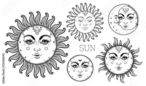Sun and Triple moon pagan Wicca moon goddess symbol. Three faced Goddess, Maiden, Mother, Crone isolated vector illustration. Tattoo, astrology, alchemy, boho and magic symbol. Coloring book..