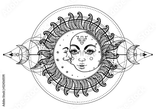 Sun and Triple moon pagan Wicca moon goddess symbol. Three faced Goddess, Maiden, Mother, Crone isolated vector illustration. Tattoo, astrology, alchemy, boho and magic symbol. Coloring book..