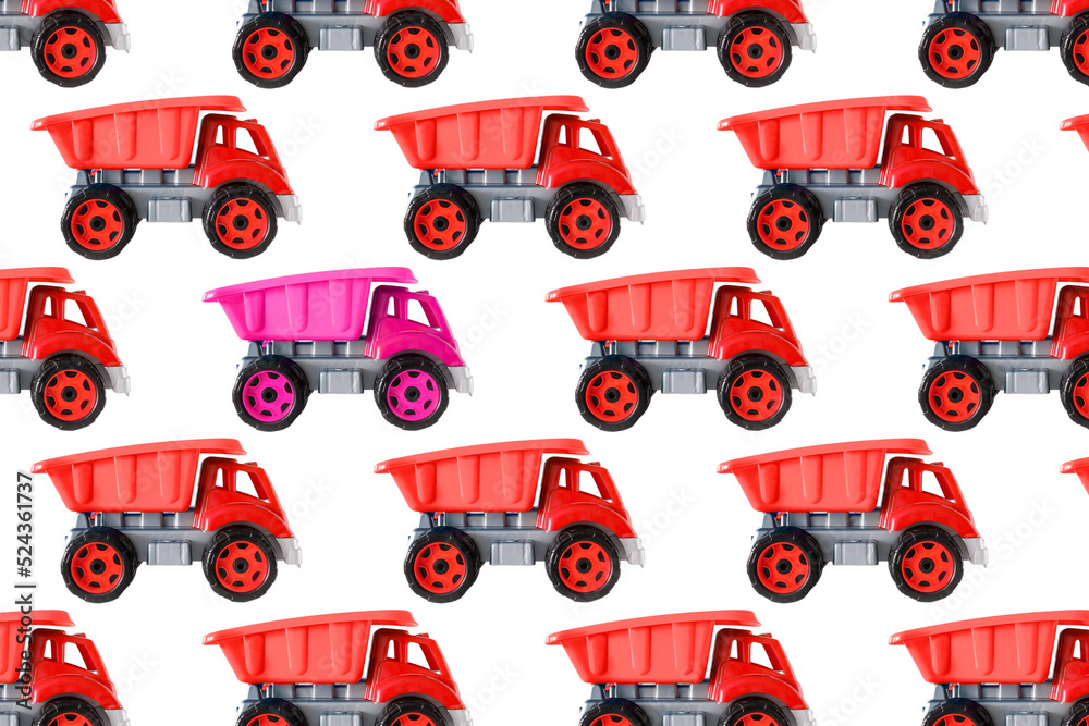Colorful pink red plastic dump truck,tip lorry,car toy isolated on white background asymmetric seamless pattern,mockup, template, toys for children, girls, kids development, playing, childhood