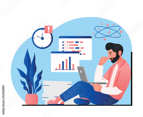 Tired man with laptop. Overworked employee or freelancer. Deadline pressure, burnout, panic and stress. Frustration and depression in workplace. Hardworking person. Cartoon flat vector illustration