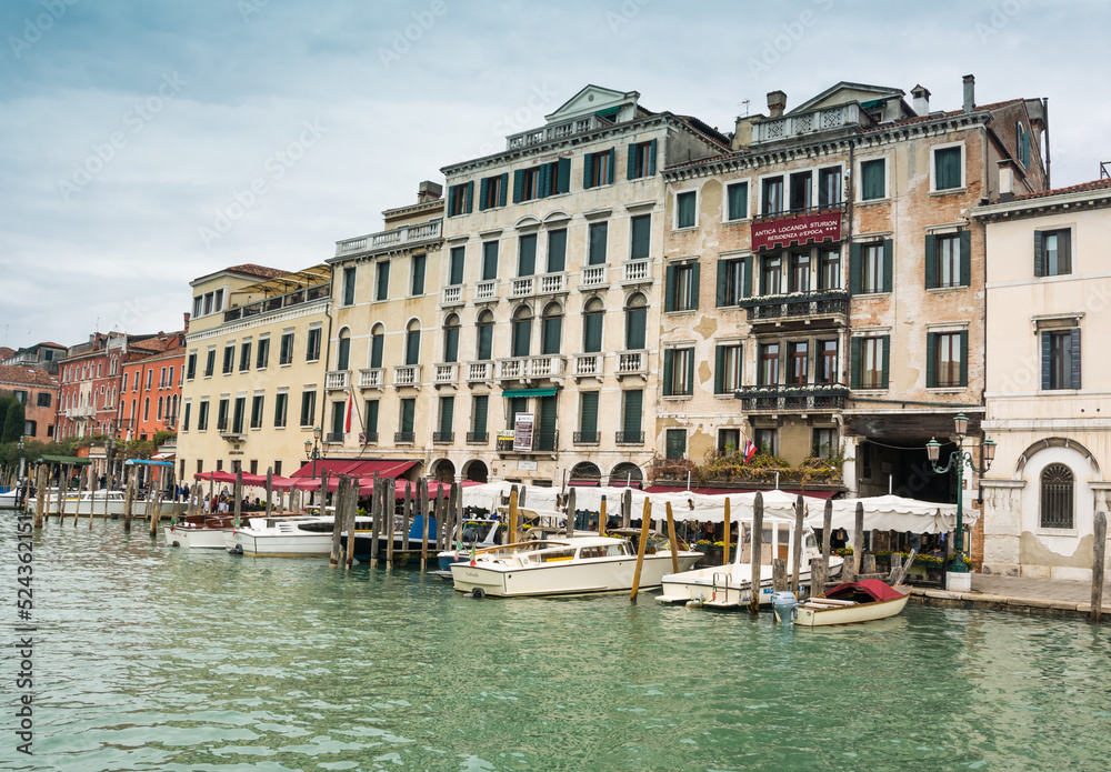 View of the Grand Canal in Venice, Veneto, Italy, and ancient buildings.