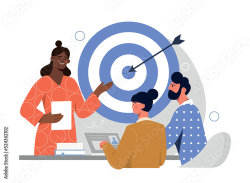 Staff management concept. Woman trains newcomers to company. HR manager explains tasks, sets goals for interns. Personnel training and development, recruitment. Cartoon flat vector illustration