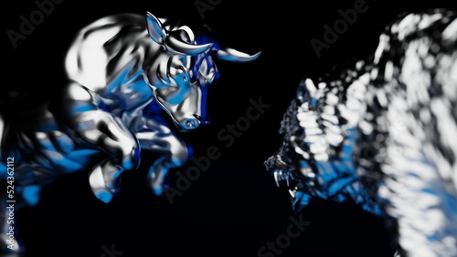 Metallic silver bull and bear sculpture staring at each other in dramatic contrasting light representing financial market trends under blue-black background. Concept images of stock market. 3D CG.