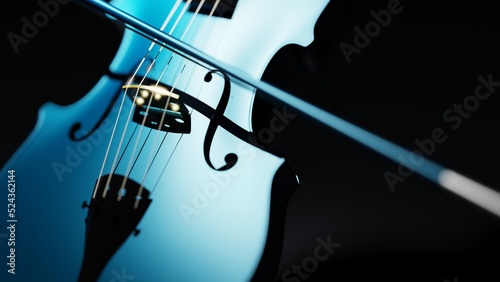 Fotografia Metallic blue classic violin on black planes under spot lighting background