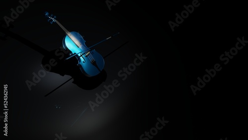 Metallic blue classic violin on black planes under spot lighting background. 3D sketch design and illustration. 3D high quality rendering.