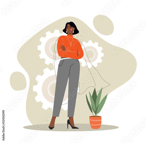 Self confident woman. Businesswoman standing in imaginary superhero cape. Successful entrepreneur, feminism and female power. Positive psychology and optimism. Cartoon flat vector illustration