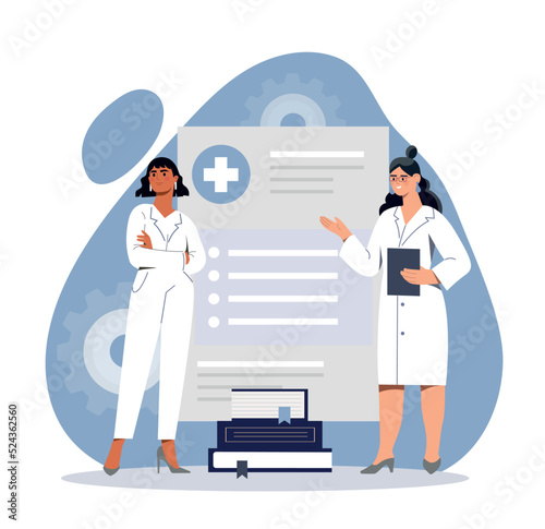 Health professional concept. Two girls next to medical record, searching for methods of treatment. Doctors discuss case at work. Medical poster or banner for website. Cartoon flat vector illustration