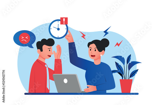 Being shamed concept. Woman yells at man, boss not satisfied with work of employee. Working process, anger and aggression. Conflicts and scandals at workplace. Cartoon flat vector illustration