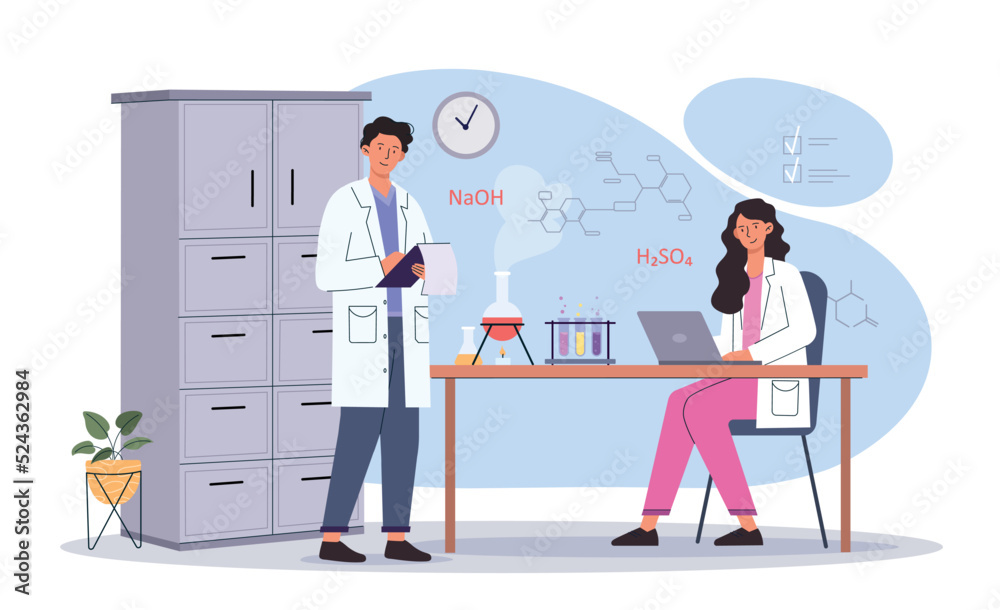 Scientists working at lab. Man and woman in medical gowns conducting chemical experiments next to test tubes with reagents. Evaluation of reactions of substances. Cartoon flat vector illustration