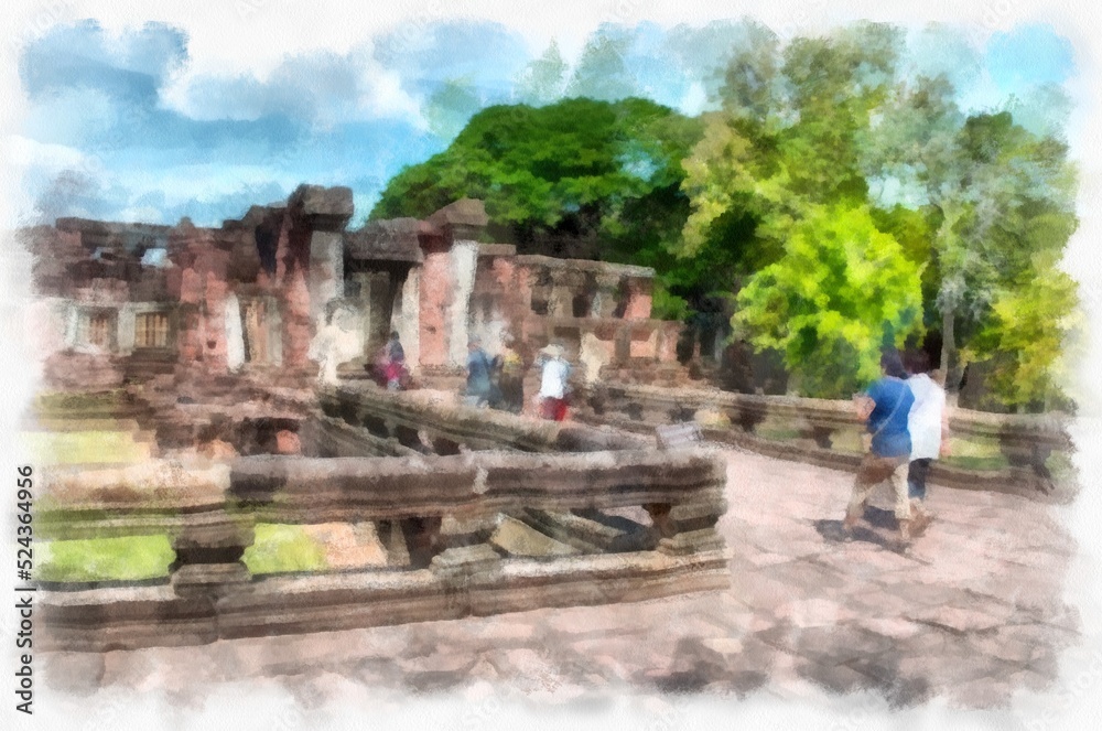 Ancient stone castle and ancient pattern art in Thailand watercolor style illustration impressionist painting. Ancient stone castle and ancient pattern art in Thailand watercolor style illustration impressionist painting.