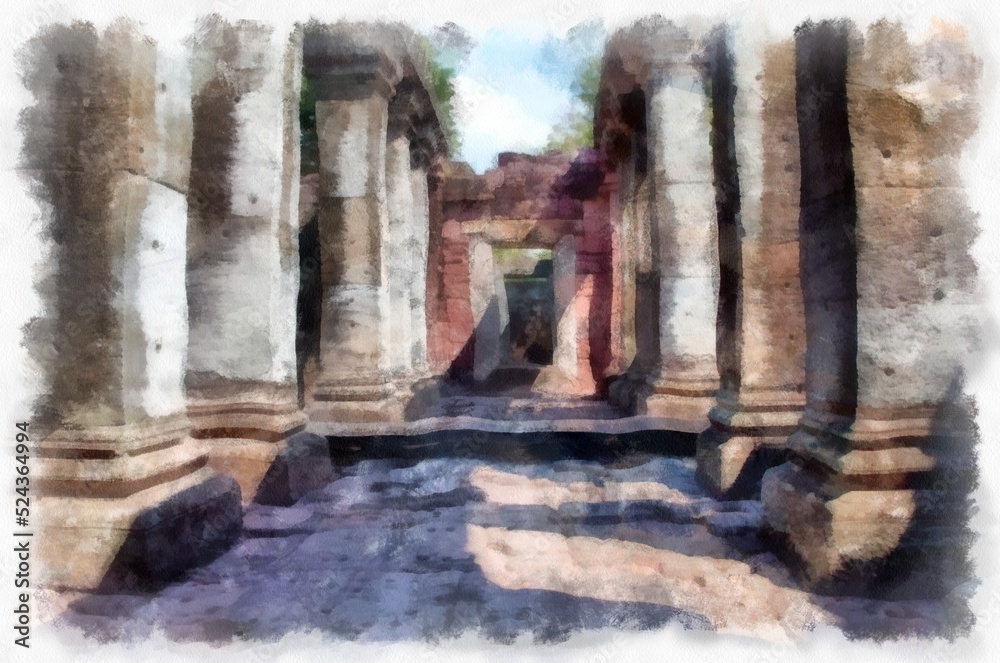 Fototapeta premium Ancient stone castle and ancient pattern art in Thailand watercolor style illustration impressionist painting.