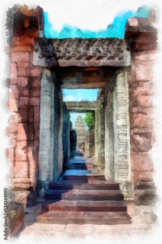 Fototapeta Naklejka Na Ścianę i Meble -  Ancient stone castle and ancient pattern art in Thailand watercolor style illustration impressionist painting.