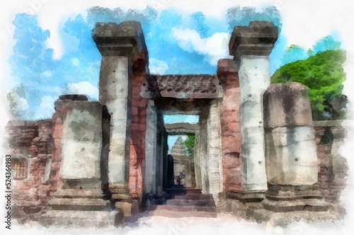 Ancient stone castle and ancient pattern art in Thailand watercolor style illustration impressionist painting.