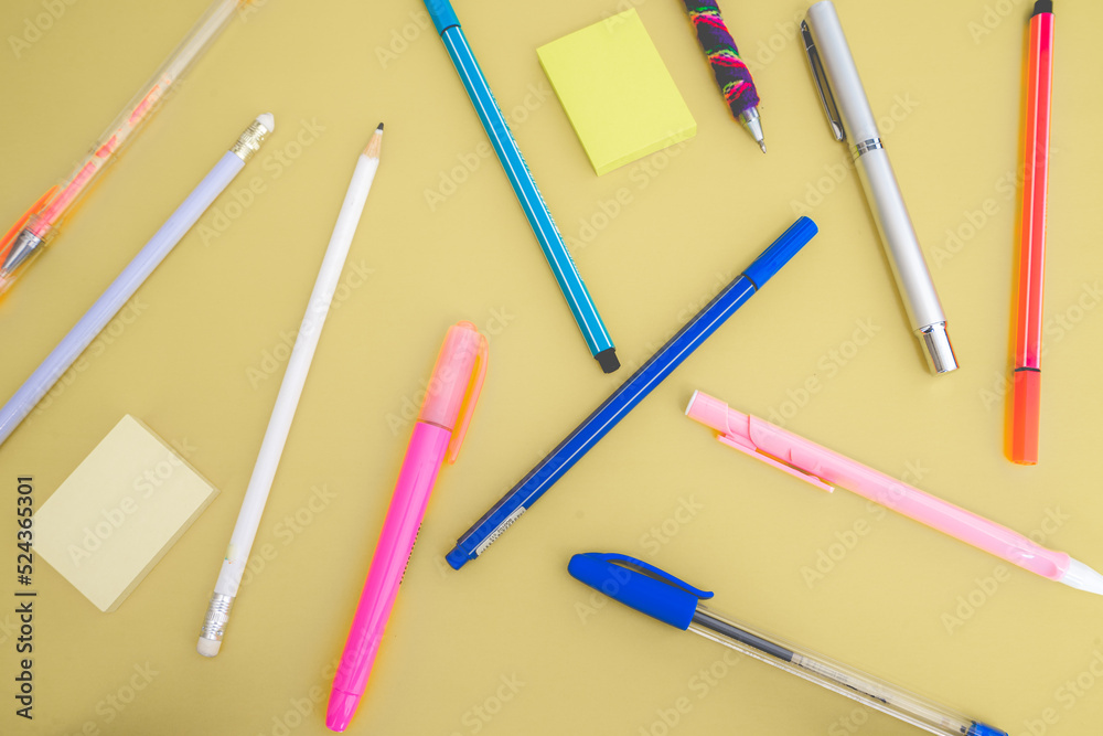 Flatlay from office and school stuff on a colour background. Flatlay from office and school stuff on a colour background.