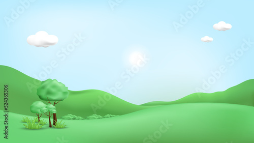 3d landscape mountain and hills illustration with 3d trees, cloud and sun. vector illustration.