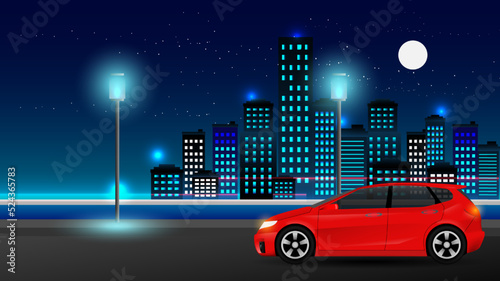 cityscape panoramic night time or city skyline or city horizon night flat style. city scape with sky scraper building blue light color  landscape vector illustration. 