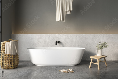 Modern Loft Bathroom interior design  white bathtub  concrete floor  sunlight  plants  basket  towels  white and gray wall. 3d rendering 