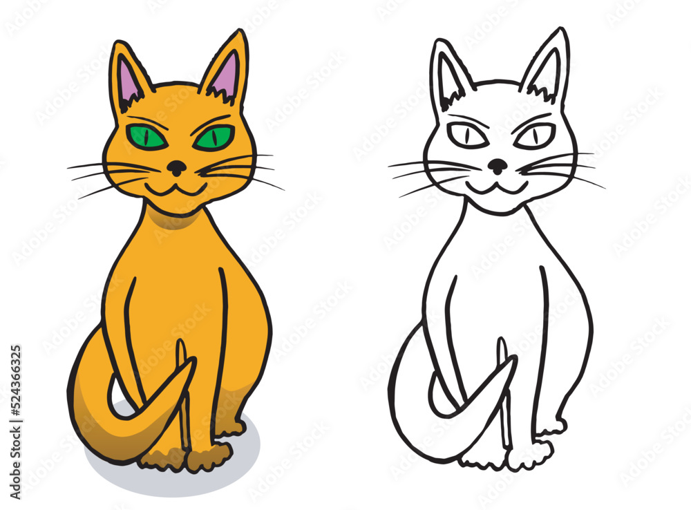 Yellow cat with green eyes and cat linear drawing. Vector illustration isolated on white background. Yellow cat with green eyes and cat linear drawing. Vector illustration isolated on white background.
