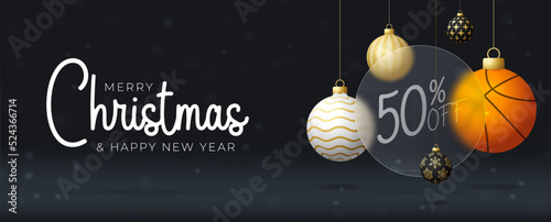 Basketball Christmas sale banner or greeting card. Merry Christmas and happy new year sport banner with glassmorphism or glass-morphism blur effect. Realistic vector illustration