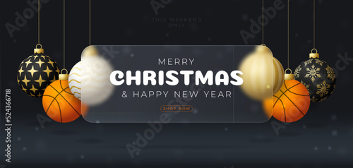 Basketball Christmas sale banner or greeting card. Merry Christmas and happy new year sport banner with glassmorphism or glass-morphism blur effect. Realistic vector illustration