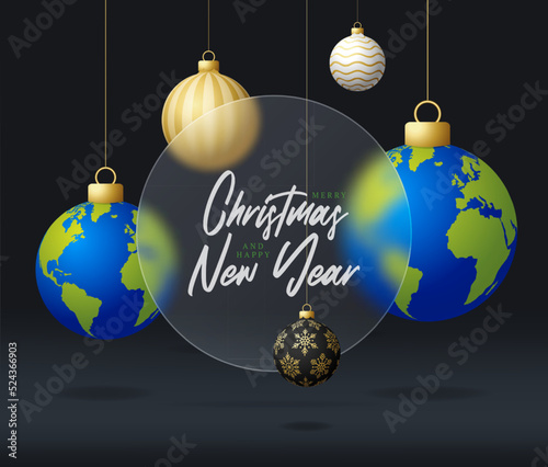 Planet earth Christmas sale banner or greeting card. Merry Christmas and happy new year sport banner with glassmorphism or glass-morphism blur effect. Realistic vector illustration