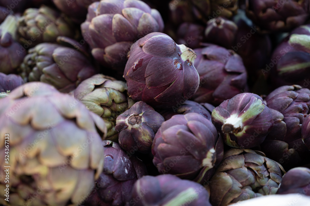 Fresh raw heads of artichokes plants for sale on farmers market Fresh raw heads of artichokes plants for sale on farmers market