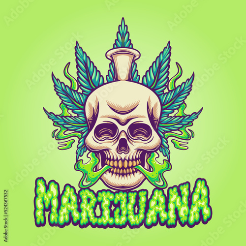 Skull head with weed leaf illustrations. Skull smoking cannabis design for your brand 