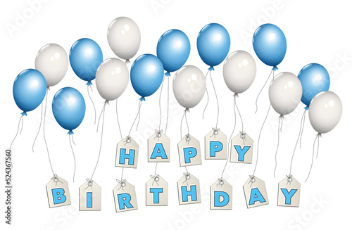 Geburtstags Grüße für Jungen mit fliegende weiße und blaue 
Helium Luftballons,
Vektor Illustration isoliert auf weißem Hintergrund
