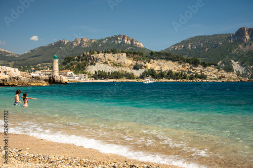 Panoramic view on cliffs, blue sea on Plage du Bestouan beach in Cassis, Provence, France © barmalini