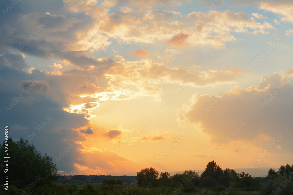 Picturesque view of beautiful countryside at sunset