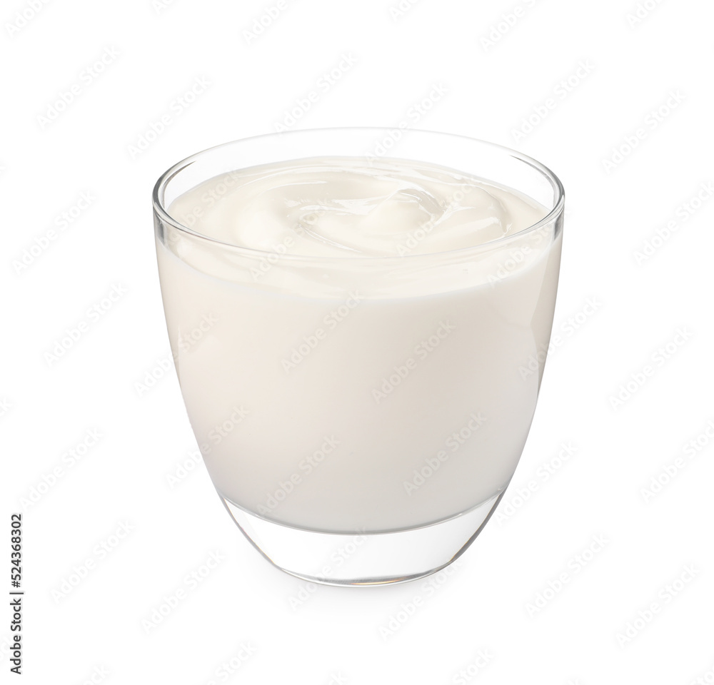 Glass with delicious organic yogurt isolated on white Glass with delicious organic yogurt isolated on white