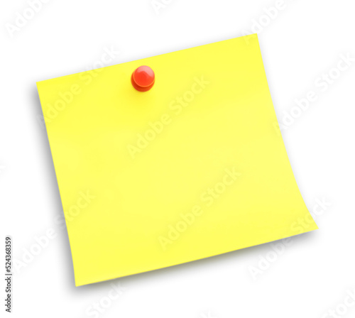 Blank yellow note pinned on white background, top view © New Africa