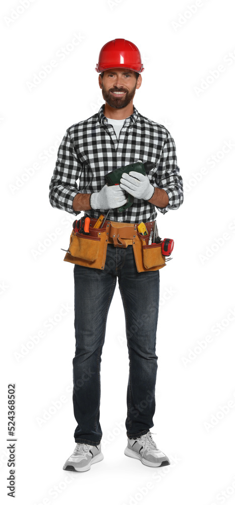 Professional builder in hard hat with tool belt and power drill isolated on white Professional builder in hard hat with tool belt and power drill isolated on white