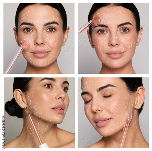Collage with photos of young woman using high frequency darsonval device on light grey background photo