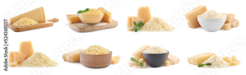 Set with delicious parmesan cheese on white background. Banner design