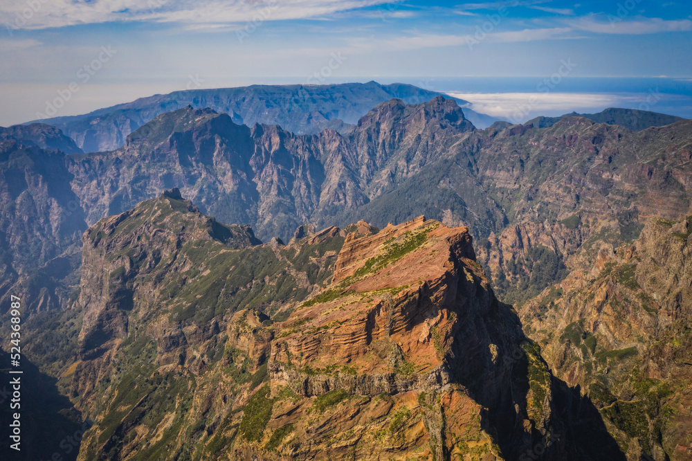 Mountain trail Pico do Arieiro, Madeira Island, Portugal. October 2021. Aerial drone picture