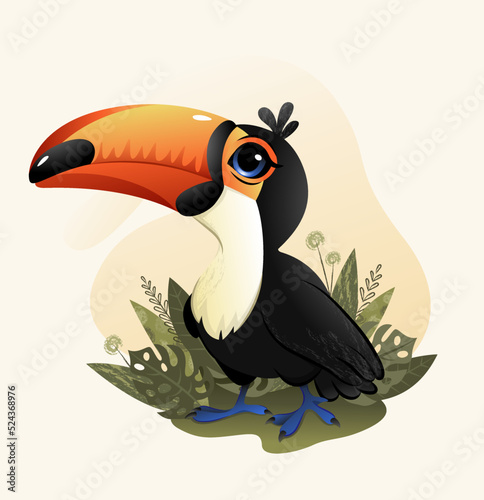 cute little cartoon toucan bird with vegetation elements