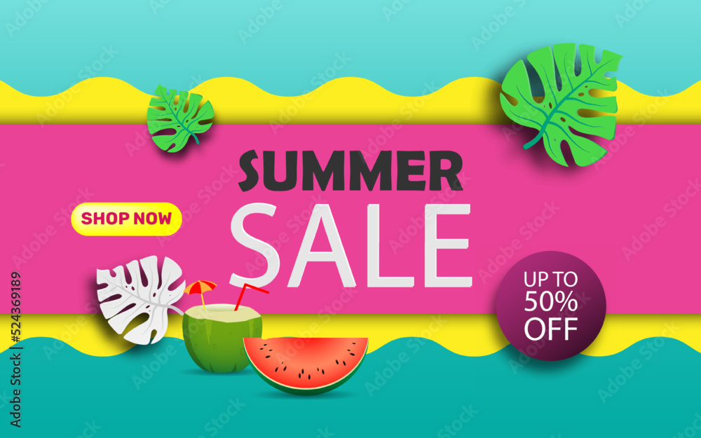 Summer sale banner template up to 50% off text with coconut, tropical leaf, sun glasses and watermelon decoration, vector illustration Summer sale banner template up to 50% off text with coconut, tropical leaf, sun glasses and watermelon decoration, vector illustration