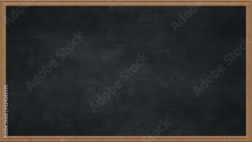Fototapeta Naklejka Na Ścianę i Meble -  Empty chalkboard background with wooden frame. Dirty erased chalk texture on blank blackboard with copy space and wood border. Restaurant menu or back to school education concept. 3D rendering.