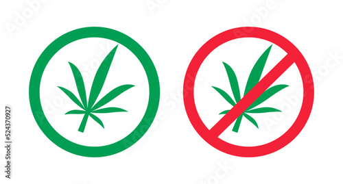 Cannabis use allowed and cannabis use prohibited icon set. Cannabis legal and cannabis illegal. Marijuana. Vector.