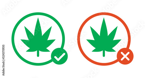 Marijuana use allowed and marijuana use prohibited icon set. Marijuana and check mark, marijuana and cross mark. Cannabis legal and illegal. Cannabis leaf icon. Vector.