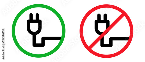 Outlet permitted and outlet not permitted. Plug use restriction. Charging not allowed. Vector.